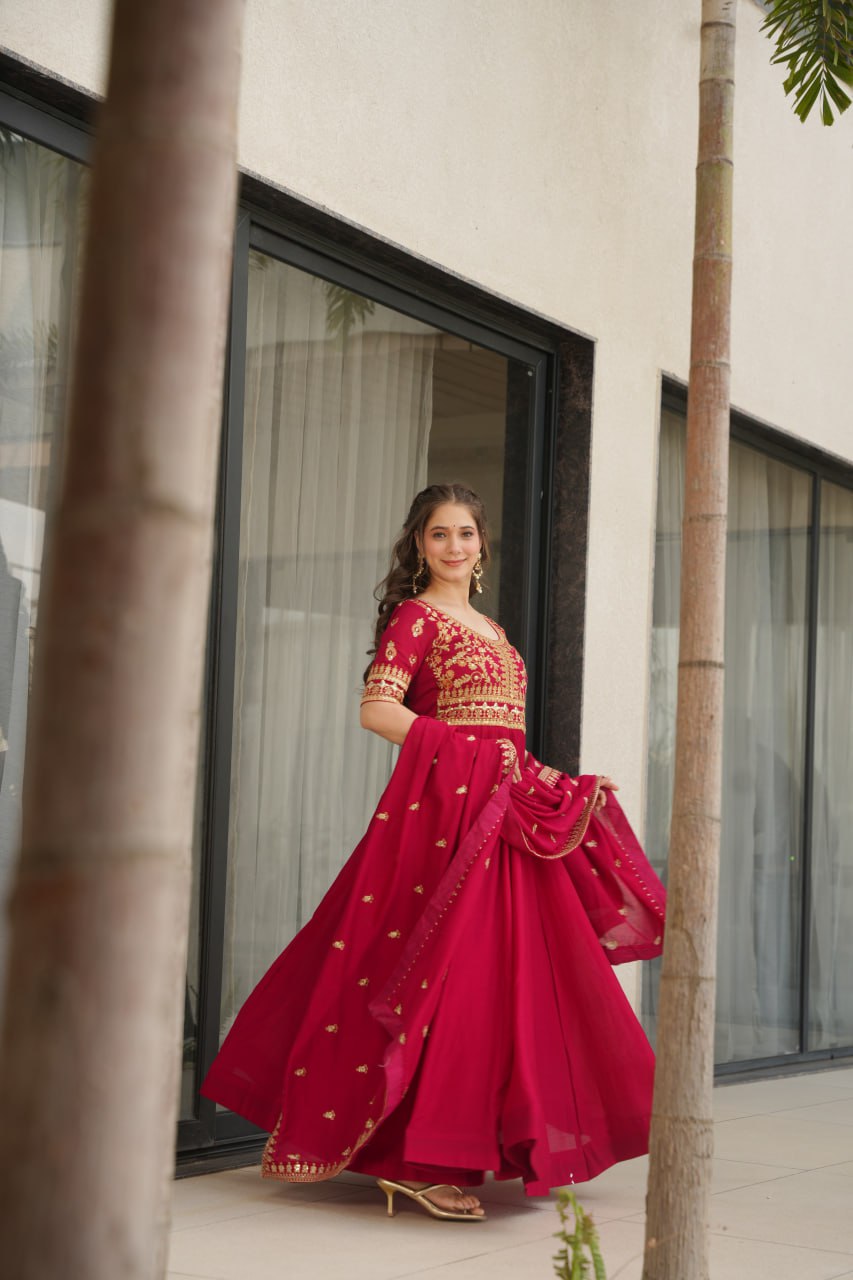 Aadishri Pink Vichitra Silk Gown with multi-sequins and zari embroidery – perfect Indian ethnic wear for weddings, party wear dresses for women, designer gown for women, traditional Indian dress, Indian clothing for women, ethnic wear for girls, gown for wedding function, Indian dress online shopping, full sleeve gown for women, festive wear for ladies.